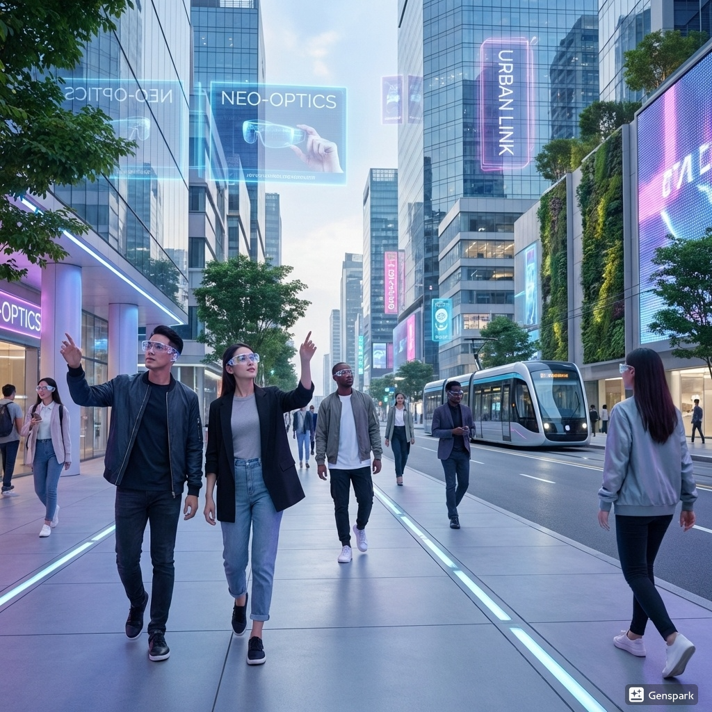 미래 도시에서 자연스럽게 스마트 글라스를 착용하고 걷는 일상생활 모습